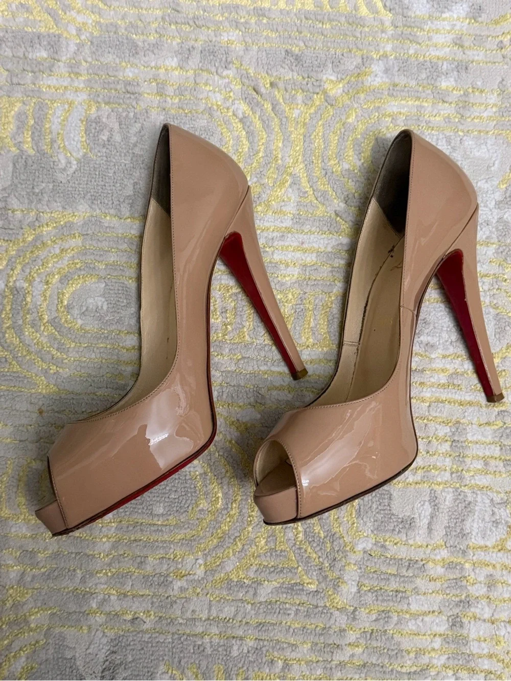 Christian Louboutin Nude Patent Peep-Toe Pumps with Red Sole